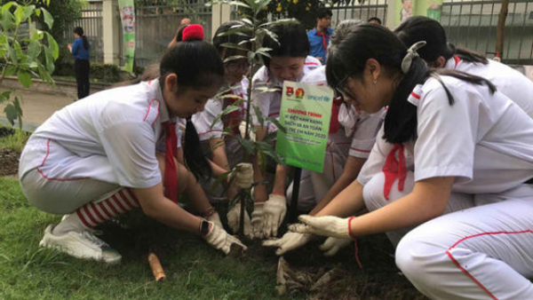 Học sinh tham gia trồng cây xanh tại sân Trường THCS Chi Lăng, Q.4, TP.HCM 